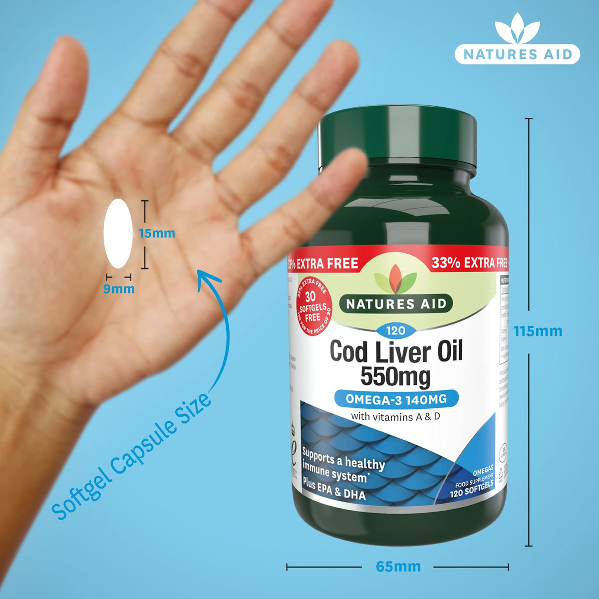 Natures Aid Cod Liver Oil 550mg Softgels – High Strength Omega-3 Fish Oil with Vitamins A, D Plus EPA & DHA – Supports Healthy Immune System Heart Health Brain Vision Joints – Non-GMO – 120 Capsules