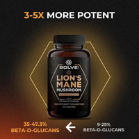 Solve Labs SOLVELabs® ● Lions Mane NGF High Strength 10,000mg / Serving ● 45% Beta-D-Glucans ● 10:1 Extract ● 100% Fruiting Bodies ● No Fillers ● Vegan ● Nootropic Focus Supplement ● Memory ● 60 Capsules