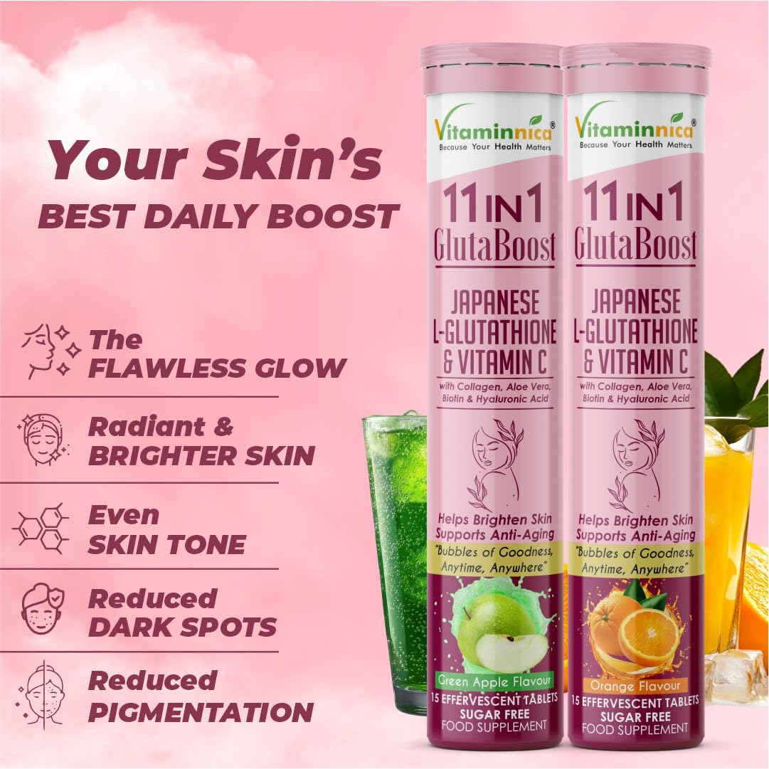 Vitaminnica Because your Health Matters Vitaminnica Gluta Boost 11-in-1 Effervescent Tablets with Japanese L-Glutathione, Collagen, & Hyaluronic Acid | Skin Radiance & Beauty Supplement | 15 Tablets (Pack of 5, Orange)