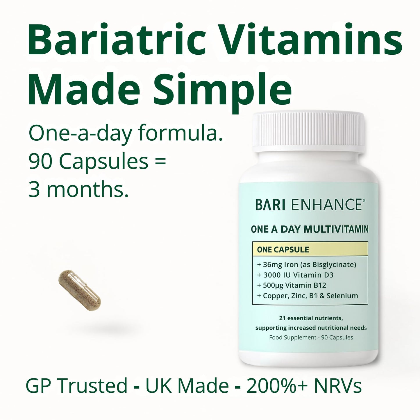 One-A-Day Bariatric Multivitamin with 36mg Iron | 3000iu D3 + 500mcg B12 | Vitamin for Gastric Sleeve | Vitamin for Gastric Bypass | 90 Capsules (3-Month Supply)