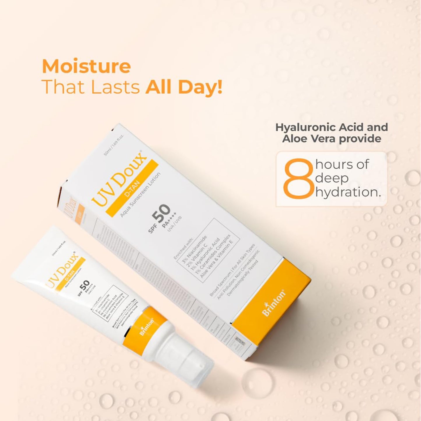 Brinton UV Doux D-Tan Aqua Sunscreen Lotion SPF 50 PA++++ 8-Hour Hydration with Niacinamide and Vitamin C 50 ml