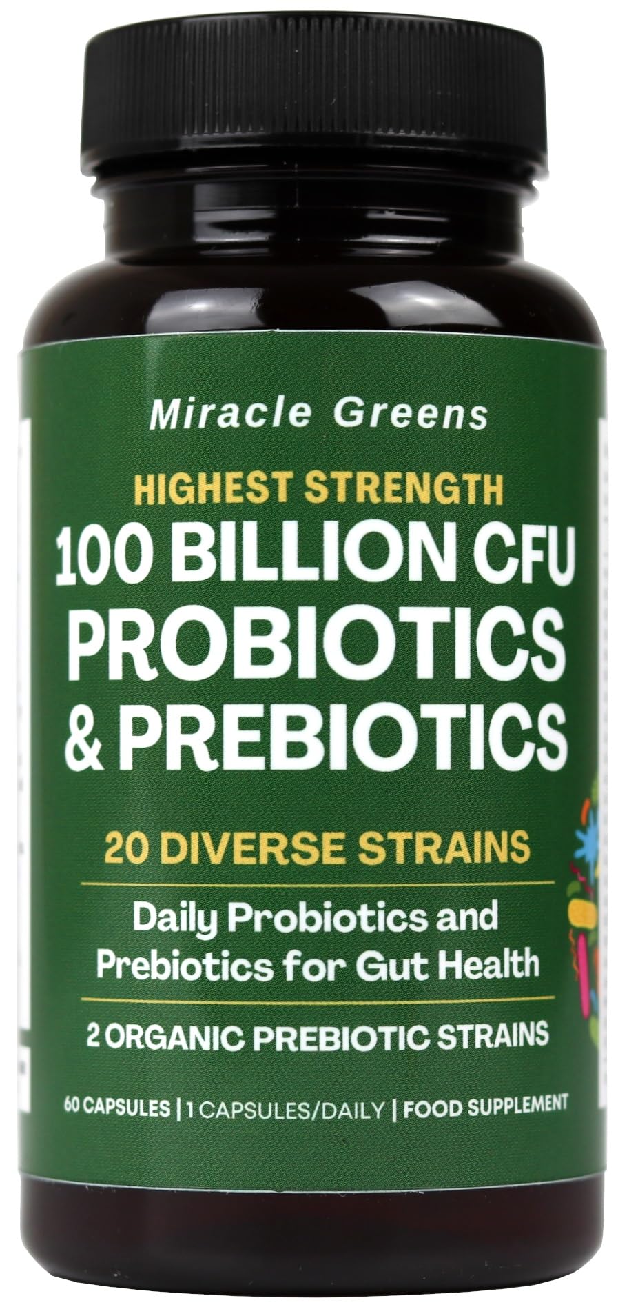 Macro Greens 100 Billion CFU Probiotics - 20 Unique Strains + Organic Prebiotics | Gut Health, PH Balance, and Digestion | Scientifically Proven Probiotics for Women and Men – 60 Day Supply – Made in The UK