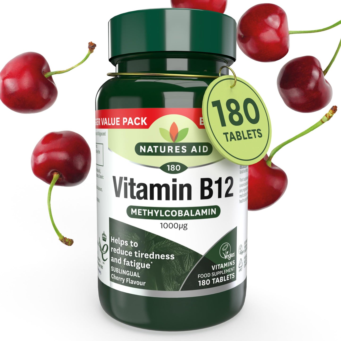 Natures Aid Vitamin B12, Methylcobalamin, One-A-Day, Cherry Flavour, 180 Tablets