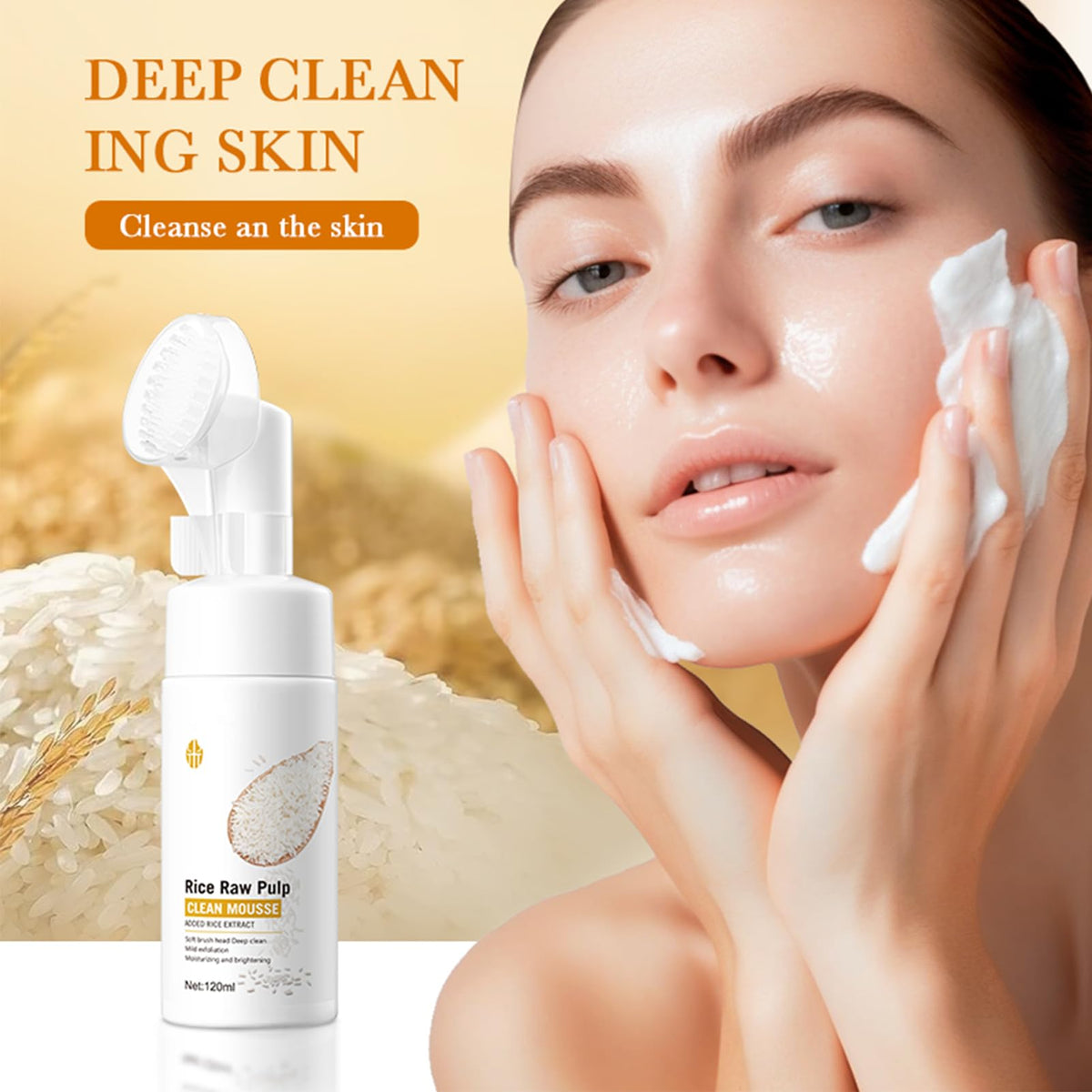 MrCuvaryas Rice Face Cleanser, Natural Face Wash,Rice Face Wash, Foaming Cleanser with Silicone Brush, Gentle Facial Cleanser, Facial Wash Women, Facial Cleansing Washes for Hydrating,Deep Pore Cleansing