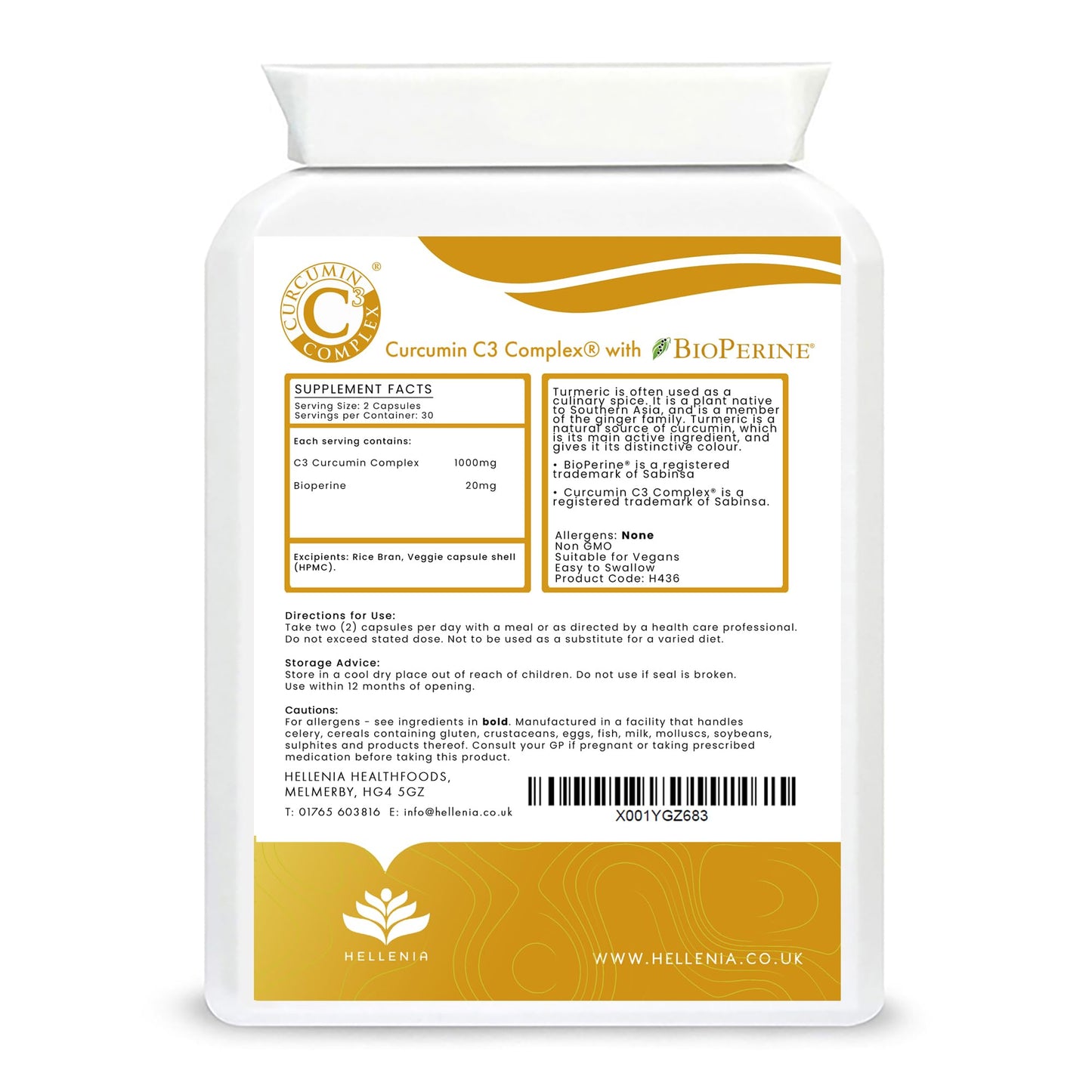 Turmeric - Curcumin C3 Complex® with BioPerine® - 60 Capsules | High Strength Curcumin Supplement | Turmeric Capsules - Suitable for Vegans - Made in The UK by Hellenia