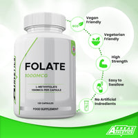 Freak Athletics Folate 1000mcg (L-Methylfolate) 120 Capsules, 5-MTHF Active Form of Folic Acid/Vitamin B9