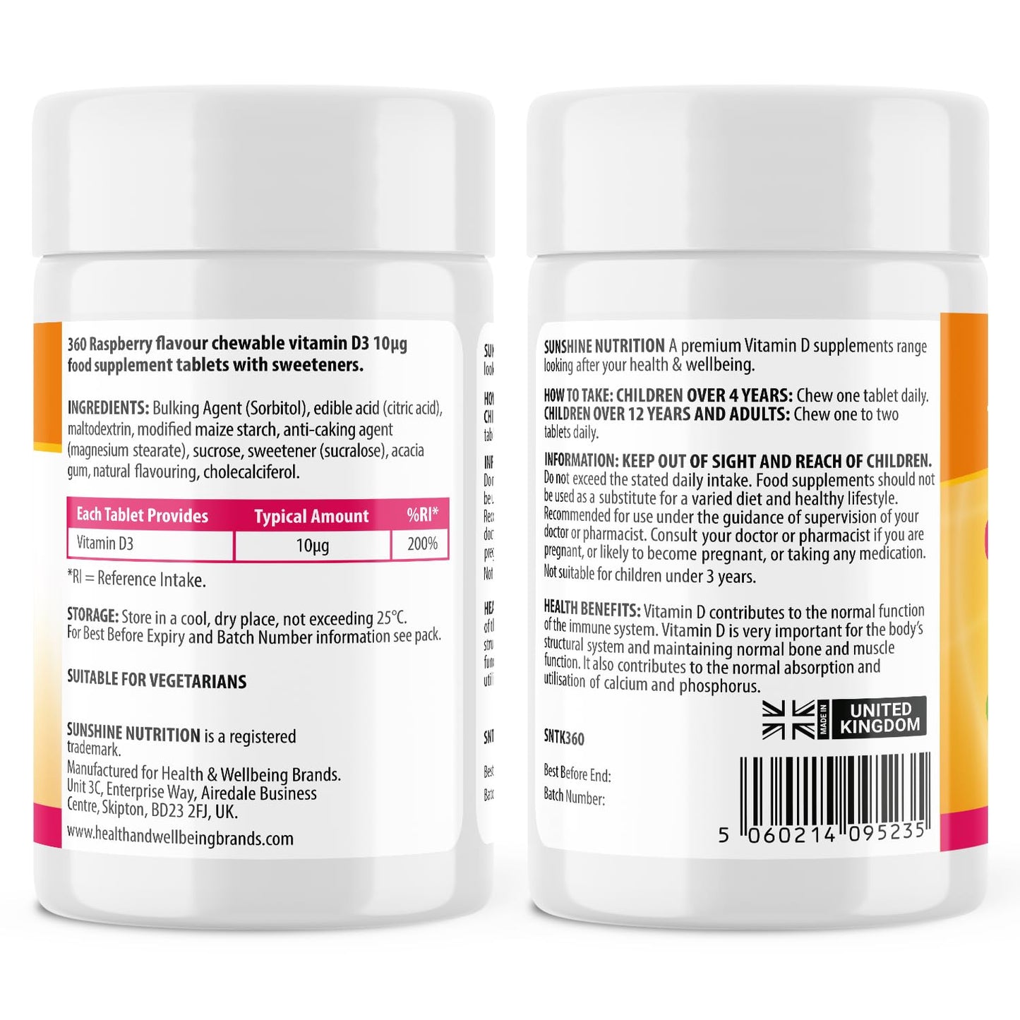 Vitamin D Chewable Supplements for Children 360 Raspberry Flavour Tablets by Sunshine Nutrition (Kids Chewable D3)