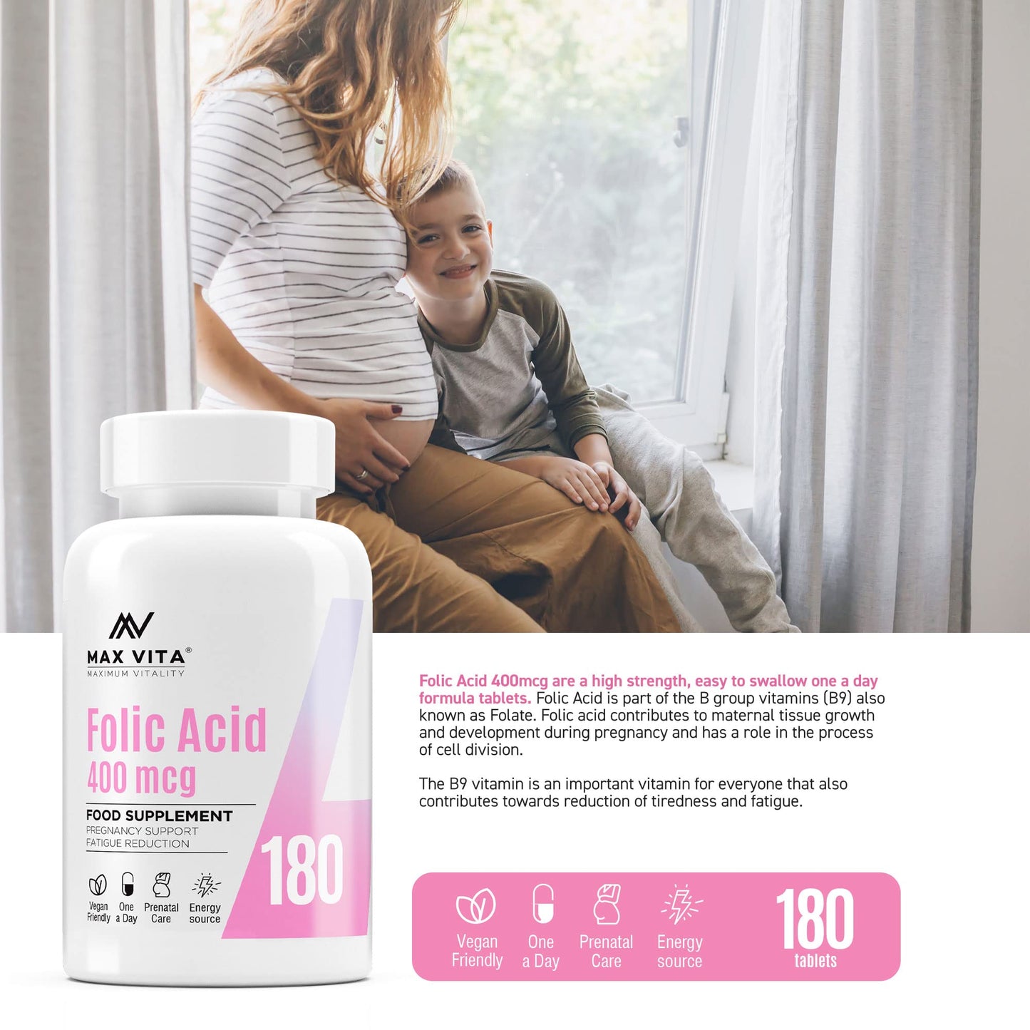 Folic Acid 400 mcg Vitamin B9 Pregnancy Care Maternal Tissue Growth During Immune System Support Energy Production Women Health 180 Vegan Tablets