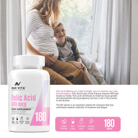 Folic Acid 400 mcg Vitamin B9 Pregnancy Care Maternal Tissue Growth During Immune System Support Energy Production Women Health 180 Vegan Tablets
