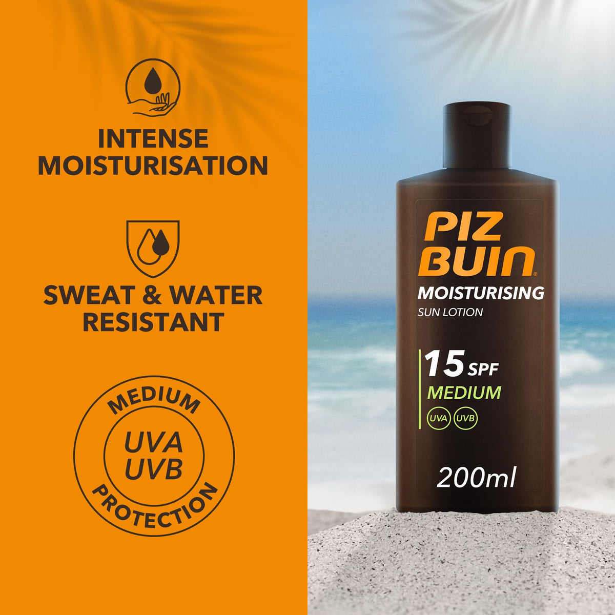 Piz Buin Moisturising Sun Lotion SPF 15 (200ml), Advanced Skincare Cream with UVA/UVB filters, Enriched Sunscreen to Prevent Premature Ageing
