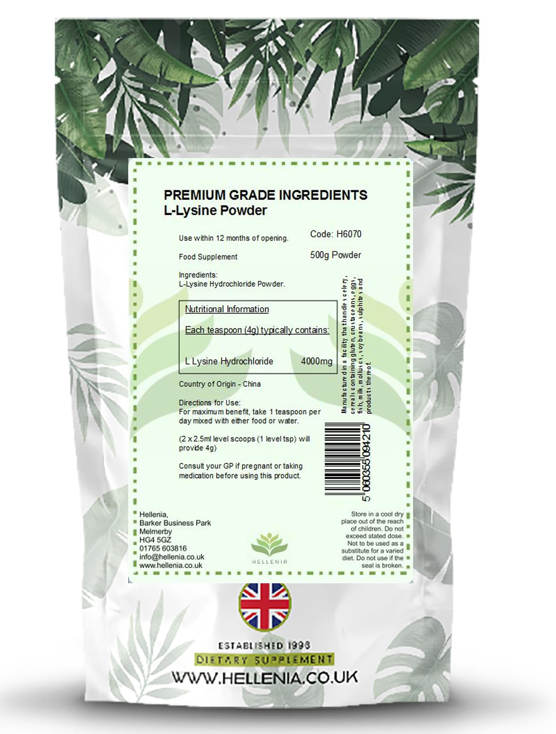 L-Lysine Powder - 500g - Premium Grade Ingredients | Essential Amino Acid for Fitness | Premium Amino Acid Lysine - GMP Certified Product - Made for Hellenia
