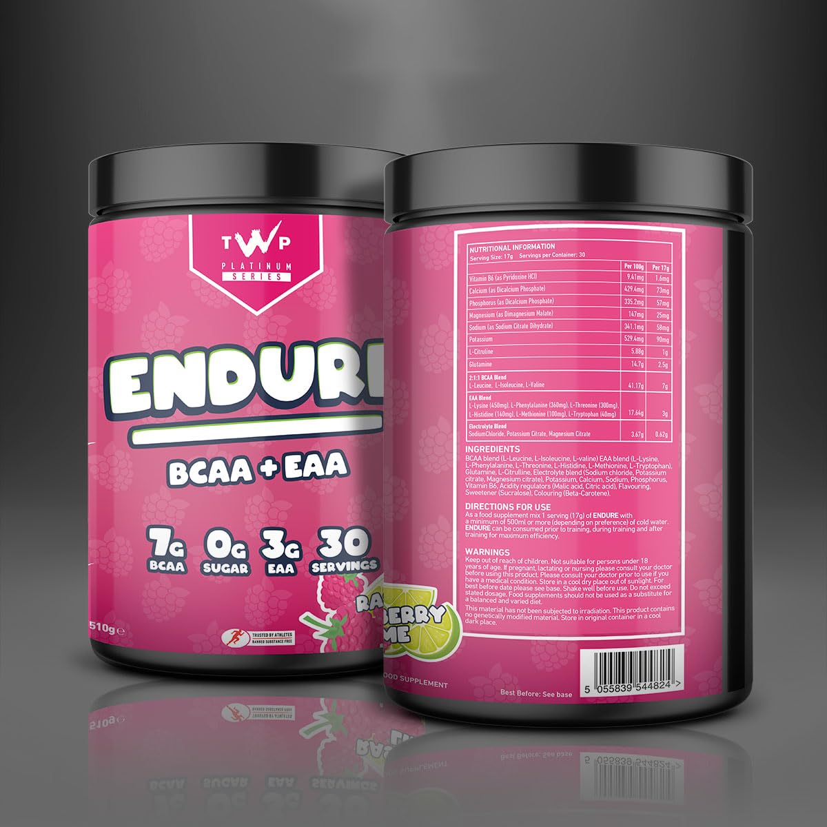 TWP Nutrition Platinum Series Endure, EAAs & BCAAs Electrolyte Blend Pre, Intra and Post Workout, Zero Sugar, 510g and 30 Servings, 18 Great Flavours (Raspberry Lime)