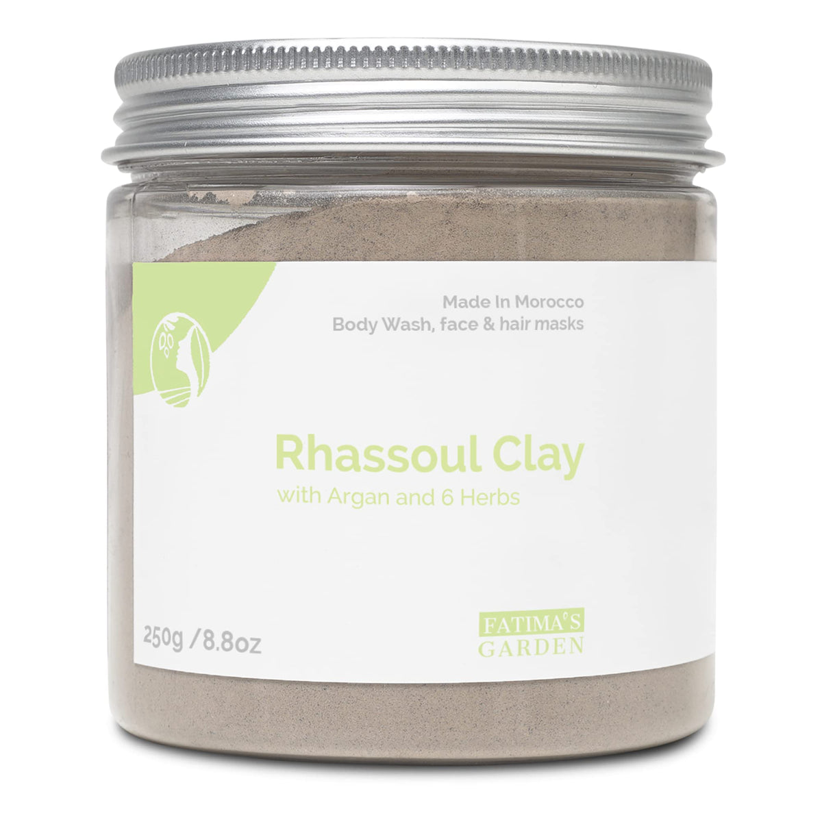 Fatima's Garden Rhassoul Clay, 100% Natural Moroccan Ghassoul Clay Powder for Face, Hair & Hammam; enriched with Argan and 6 herbs, cleansing & softening & purifying for hamam-8.8oz / 250gr