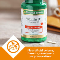 Nature's Bounty Vitamin D3 25 µg (1000 IU) Tablets - Pack of 100 Tablets, One-a-day - High Strength Vitamin D - Bone, Muscle and Immunity Support - Suitable for Vegetarians