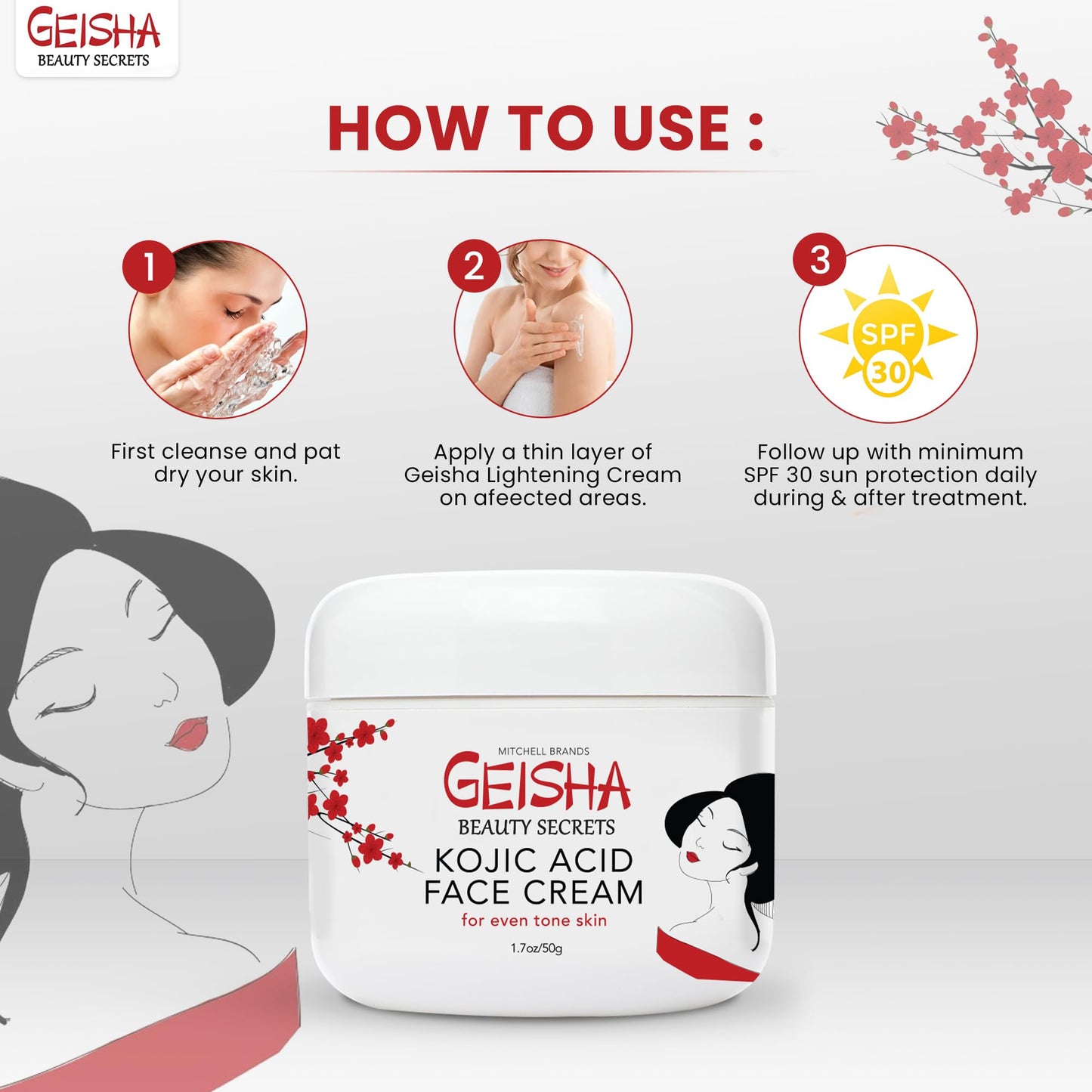 Geisha, Kojic Acid Cream | 1.7 fl oz / 50 ml | Skin Brightening Cream, Freckle Removal for Face, Knees, Body, Armpits, Neck, Underarm, Intimate Parts