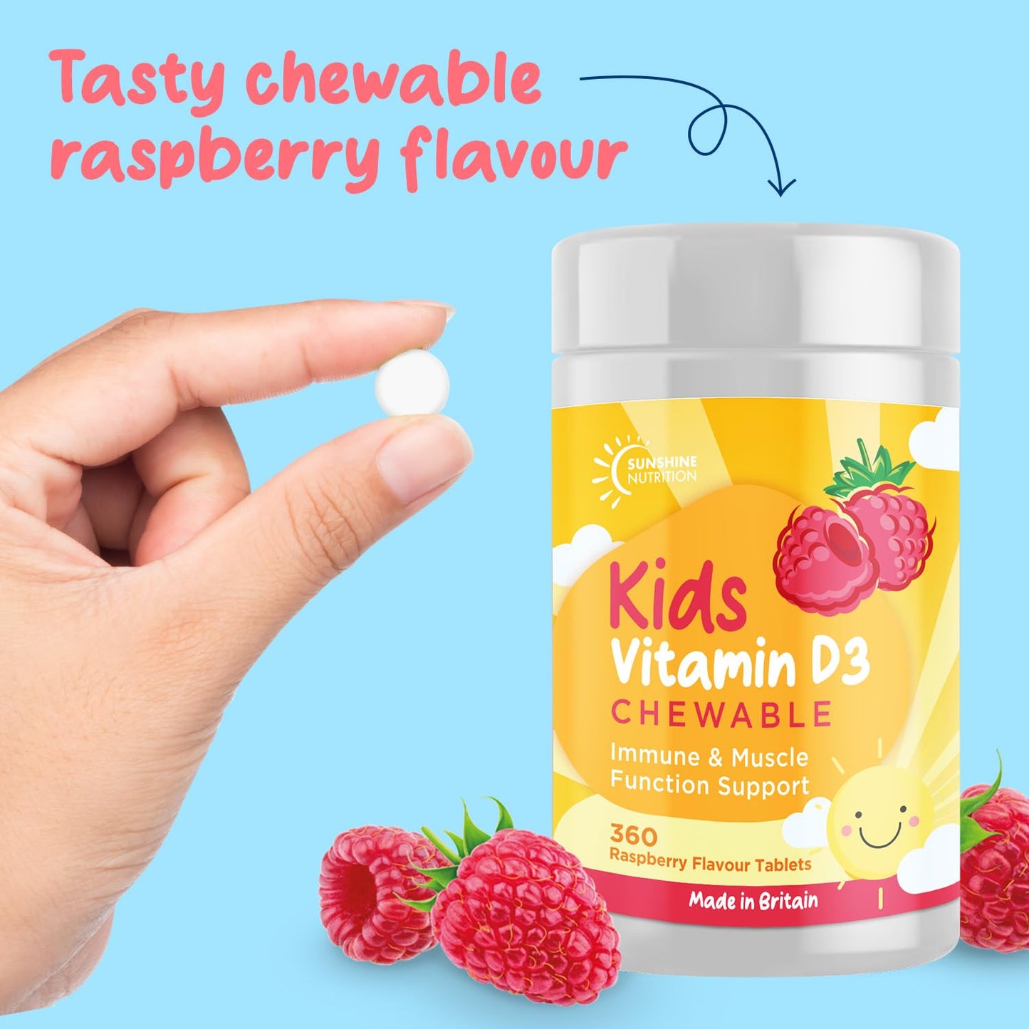 Vitamin D Chewable Supplements for Children 360 Raspberry Flavour Tablets by Sunshine Nutrition (Kids Chewable D3)