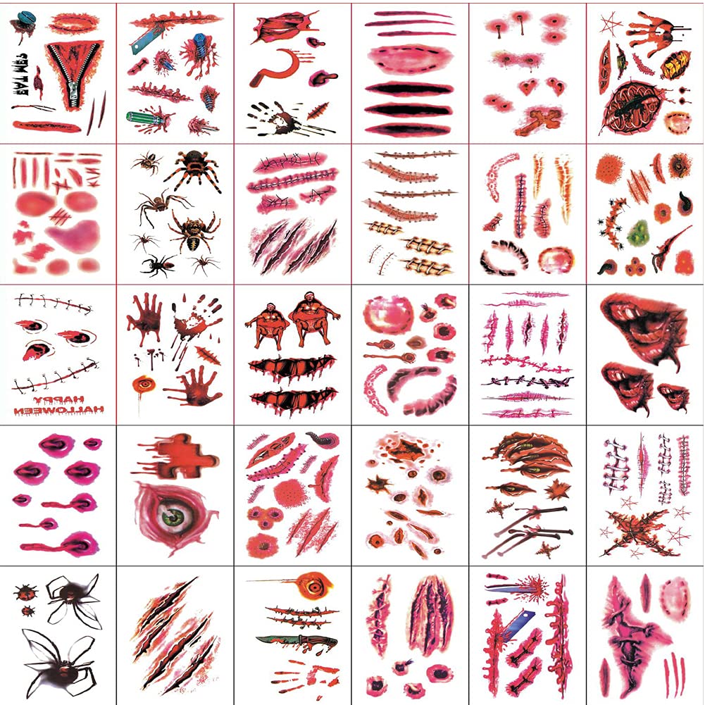 HUPOO 30 Sheets 3D Halloween Temporary Makeup Tattoos Fake Scars Bloody Scar Waterproof Blood Sticker Realistic Wound Horror Body Face Decals Prank Props for Cosplay Party Supplies Props, 5.7*9.7CM