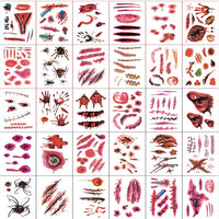 HUPOO 30 Sheets 3D Halloween Temporary Makeup Tattoos Fake Scars Bloody Scar Waterproof Blood Sticker Realistic Wound Horror Body Face Decals Prank Props for Cosplay Party Supplies Props, 5.7*9.7CM
