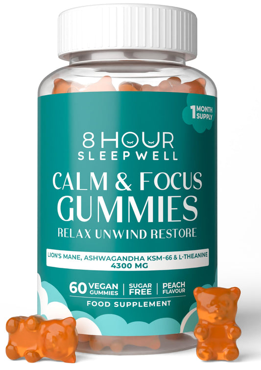 8 Hour Sleepwell 8 HOUR SLEEPWELL – 60 Sugar Free Calm & Focus Gummies – High Strength 4300mg - Peach Flavour - Lion’s Mane Mushroom, Ashwagandha KSM 66, L-Theanine for Stress Relief, Memory and Focus - Vegan