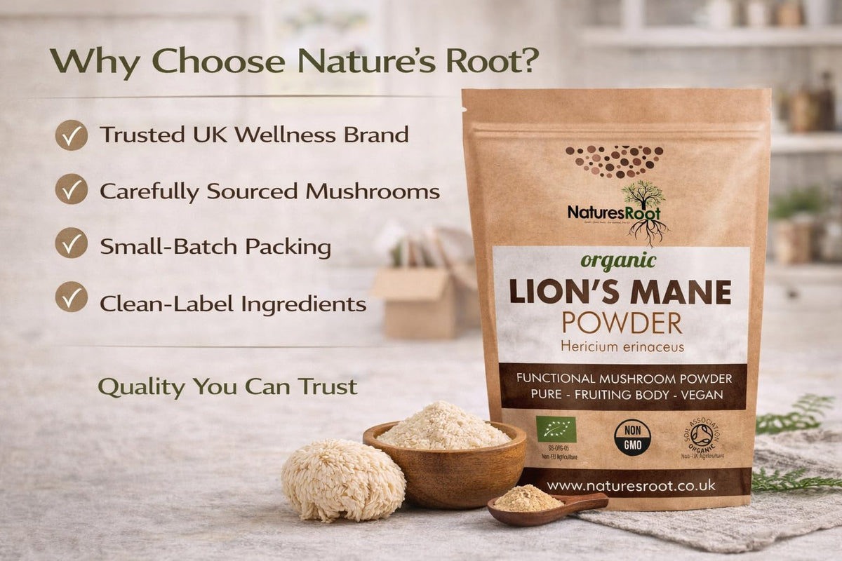 Natures Root Nature’s Root Organic Lion’s Mane Mushroom Powder 200g – 100% Fruiting Body (Hericium erinaceus) – Finely Milled Vegan Mushroom Powder for Coffee, Smoothies & Hot Drinks – No Fillers