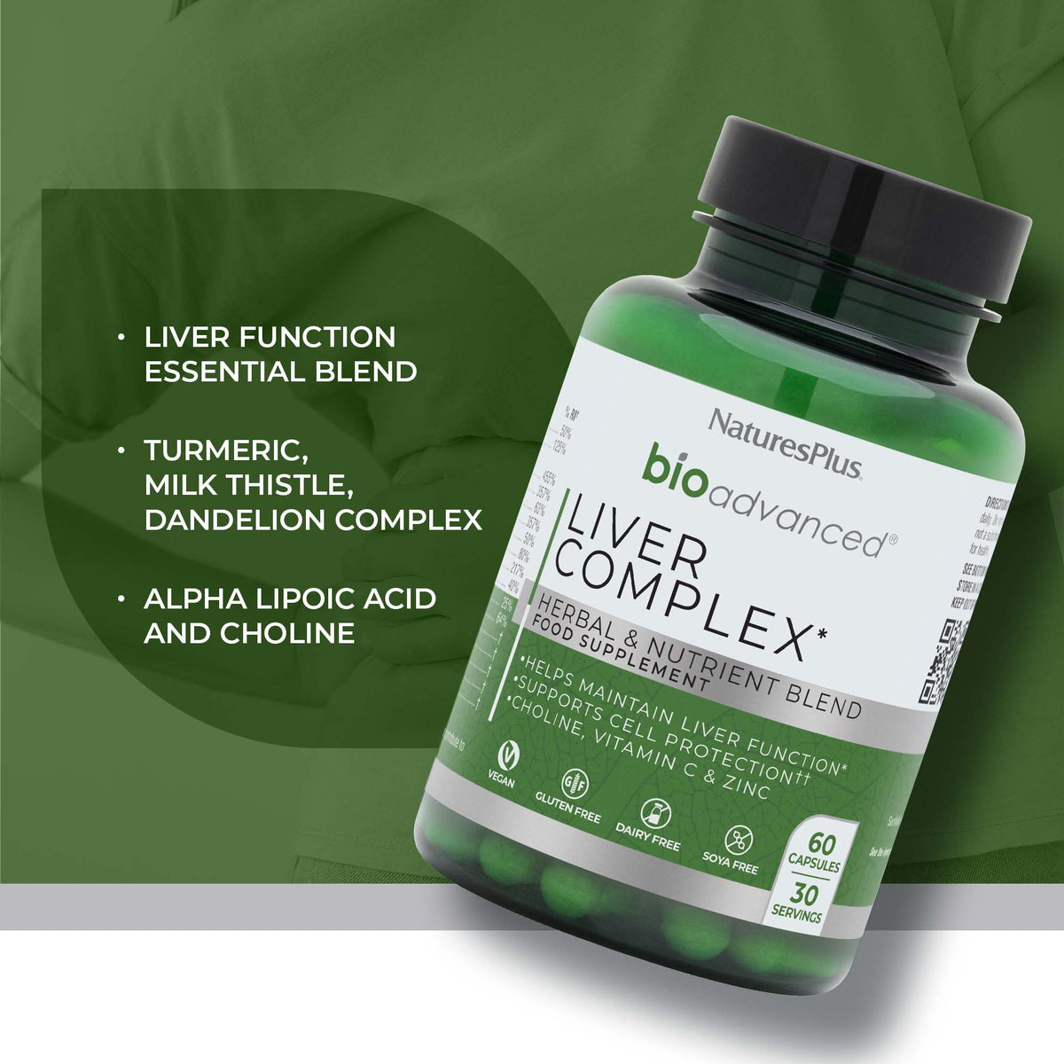 Nature's Plus NaturesPlus Bio Advanced Liver Complex - Liver Supplement with Turmeric, Artichoke, Milk Thistle, Dandelion, Choline, Methyl B12, Folate, VIT C - Gluten, Dairy, Soy Free - Vegan, 60 Capsules