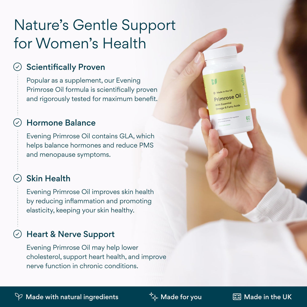 Bettervits Evening Primrose Oil Capsules 1000mg | Cold-Pressed High with Essential Omega-6 and Gamma-Linolenic Acids for Women and Men | Supports Hormonal Balance, Skin and Wellness | 60 Softgels