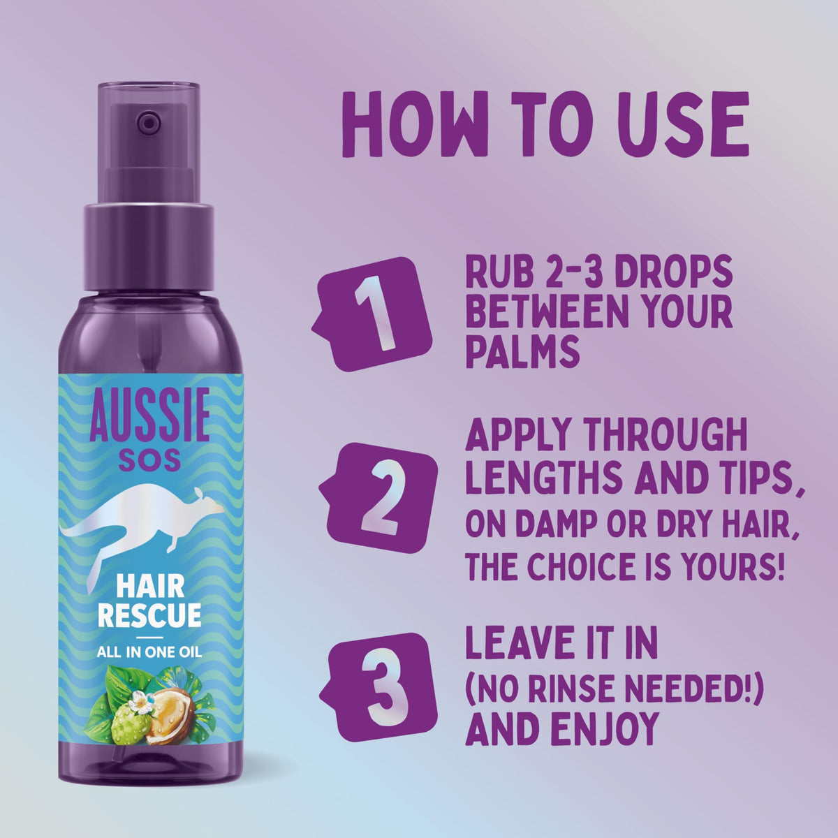 Aussie SOS Hair Rescue All In One Hair Oil 100ml to Detangle and Smoothen Hair While Helping Prevent Split Ends and Keeping Hair Hydrated For 100 Hours. Vegan Formula (Package may vary)