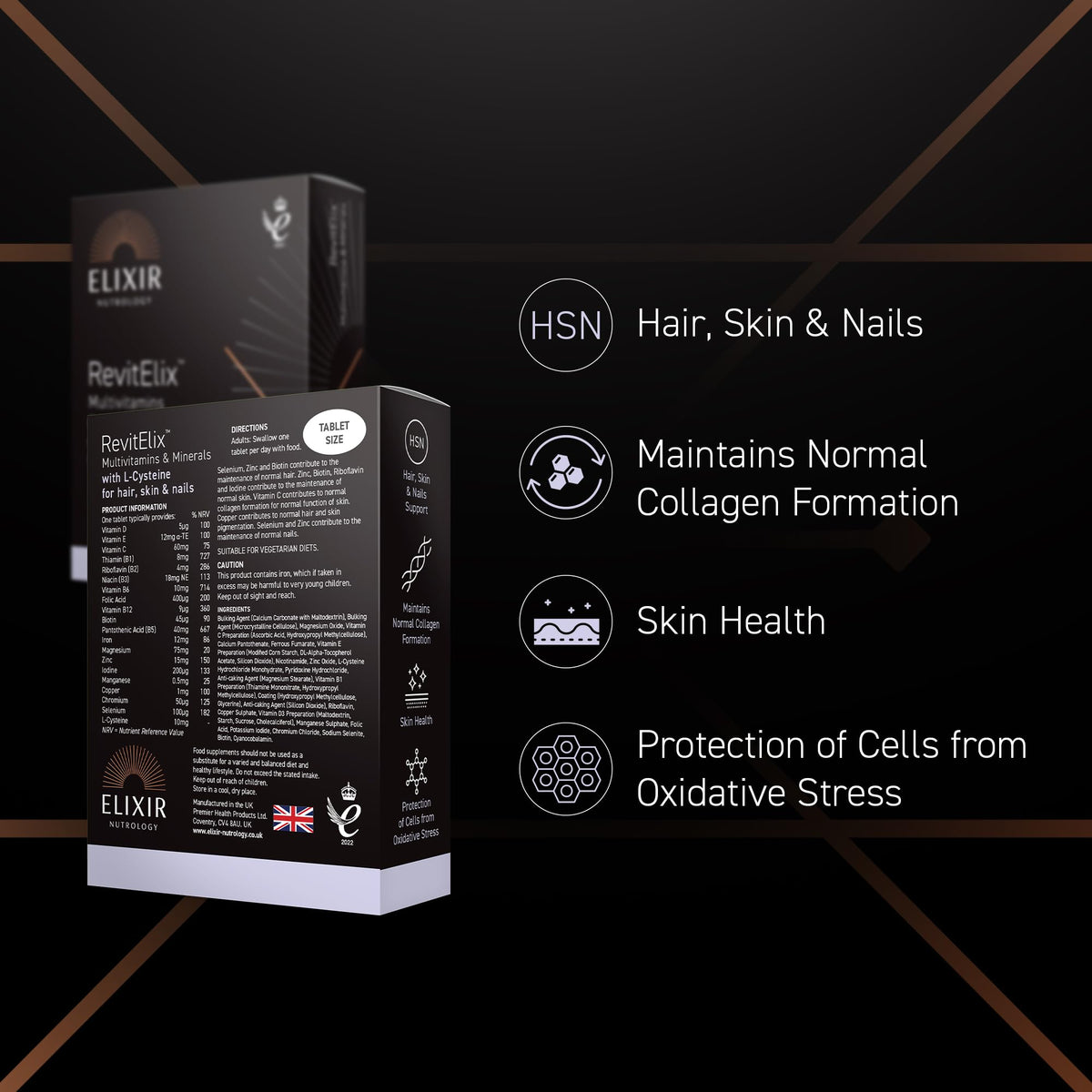 ELIXIR NUTROLOGY Hair Skin & Nails Multivitamins | Supports Normal Hair, Skin & Nail Health | with Biotin, Vitamin C, Vitamin E & Zinc | Collagen Formation & Antioxidant Support | 30 Vegetarian Tablets | UK Made