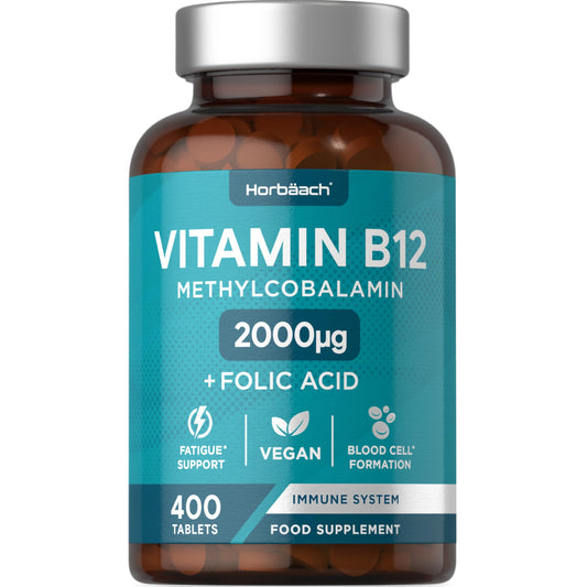 Vitamin B12 Tablets | 2000mcg | 400 Vegan Tablets | High Strength Supplement | Complex Formula with Folic Acid | by Horbaach