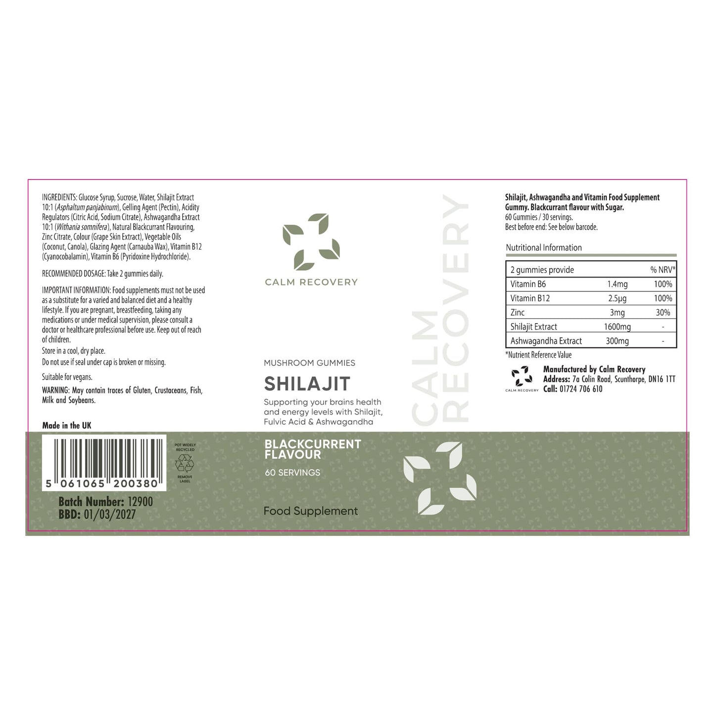 Calm Recovery Shilajit Mushroom Gummies 60 Servings with Lion's Mane and Cordyceps, Advanced Functional Mushroom Complex, Mushroom Supplement, to Support Brain Health and Energy Levels.
