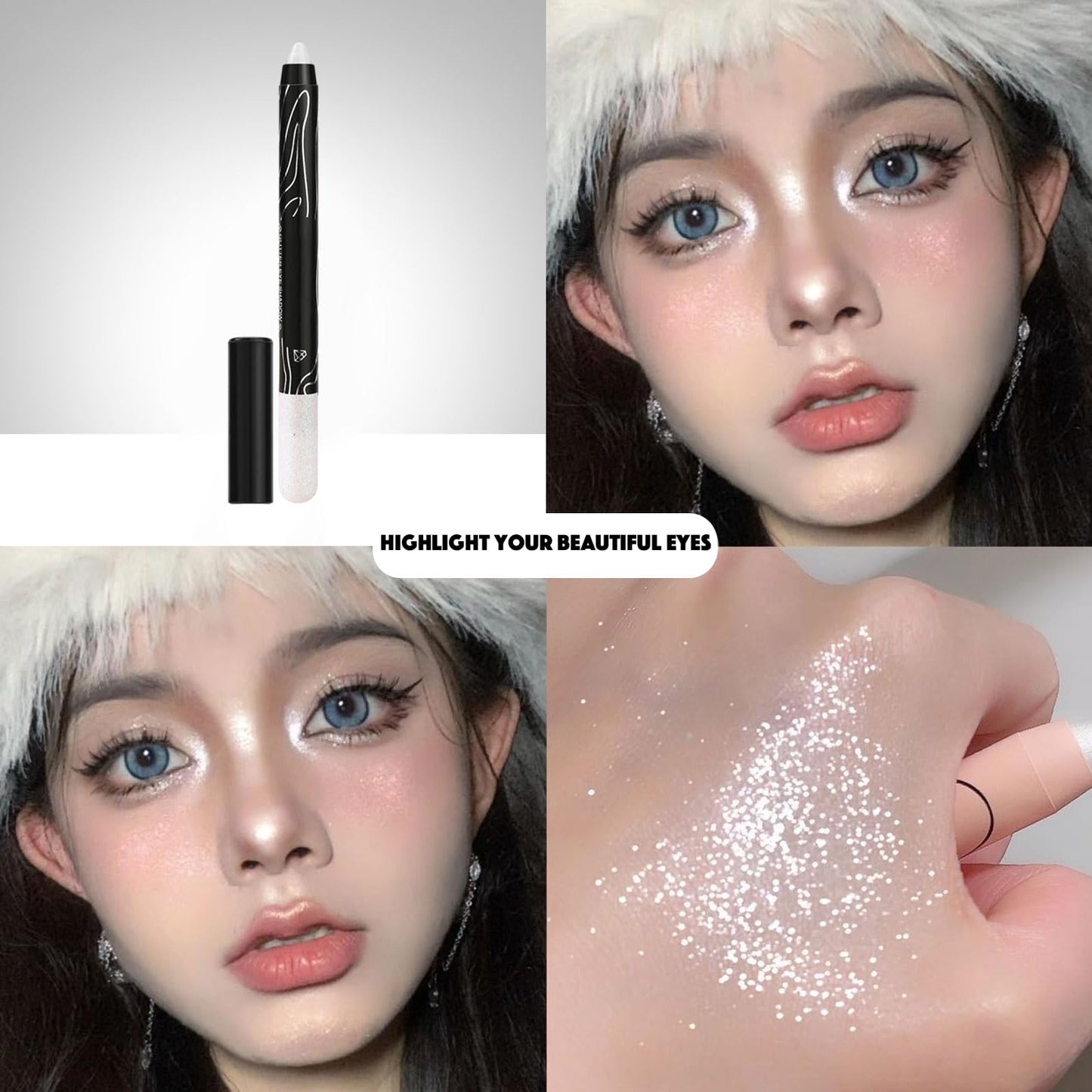 LYNTYAOU White Shimmer Eyeshadow Stick, Pearl White Glitter Eye Shadow Pencil Cream Eyeshadows Pen, Pearlescent Highlight Brightener, High Pigmented Smooth for Eye Makeup