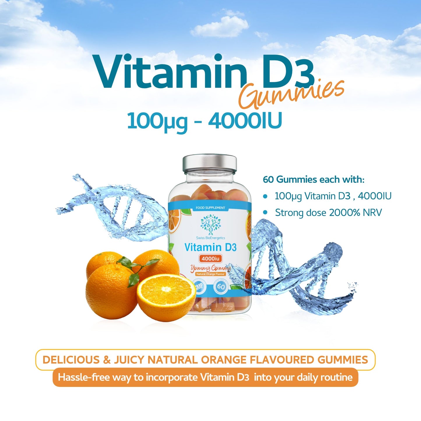 swiss bioenergetics Vitamin D3 Gummies 4000IU, 100µg - 60 Natural Orange Flavour Chewable Yummy Gummies - 2 Month Supply - Made in the UK