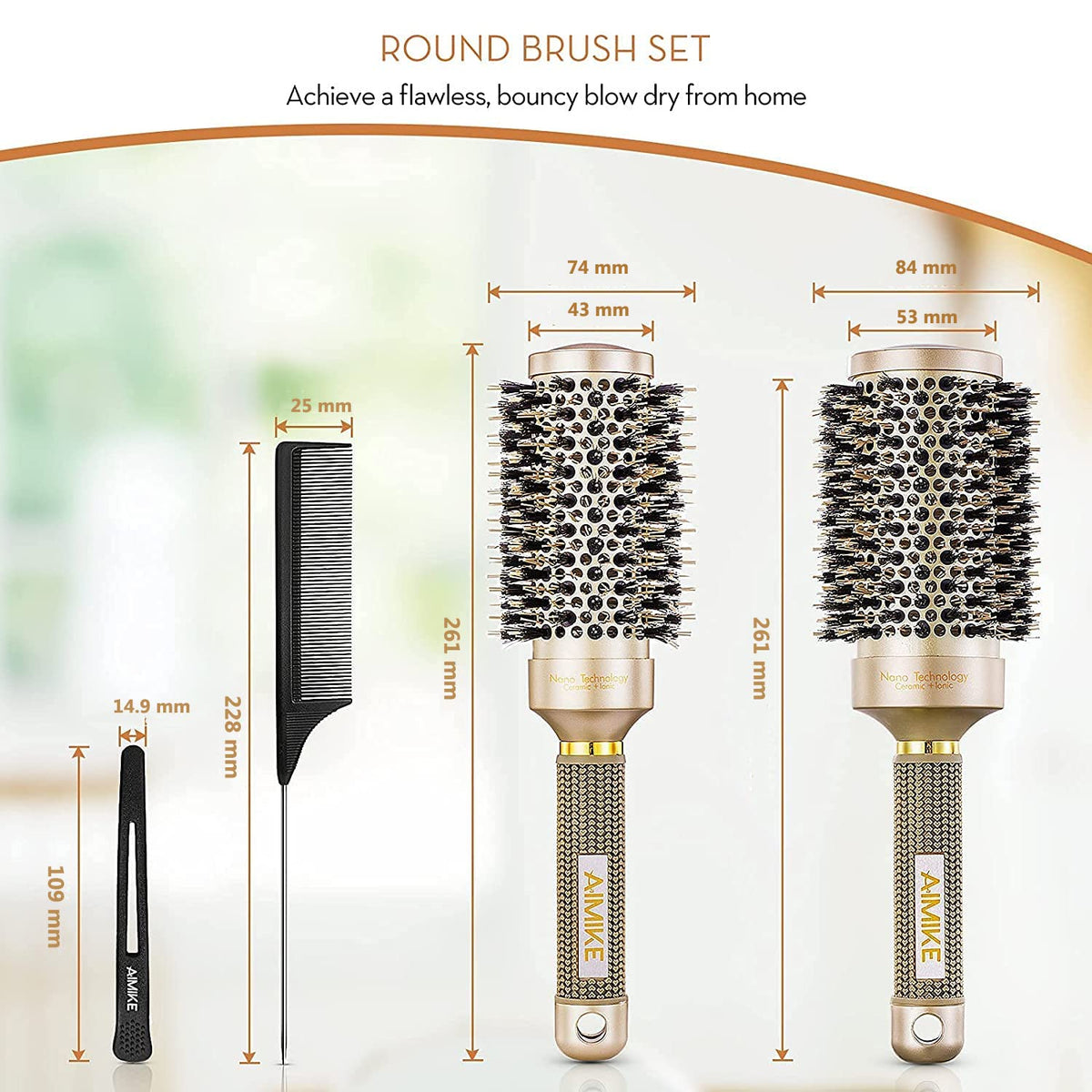 AIMIKE Round Brush, Nano Thermal Ceramic & Ionic Tech Hair Brush, Small Round Barrel Brush with Boar Bristles for Blow Drying, Styling, Curling and Shine (2.4 inch, Barrel 1.3 inch) + 4 Free Clips