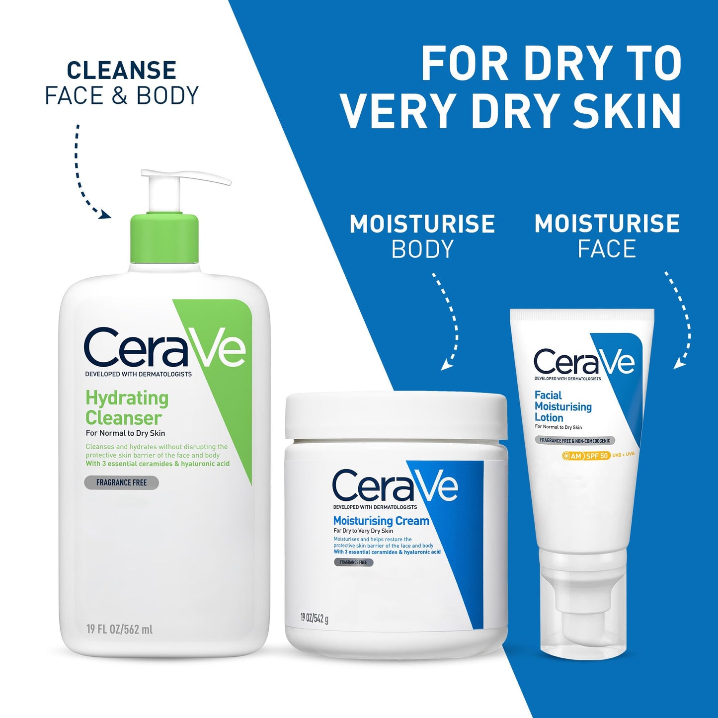 CeraVe Moisturising Cream, Face & Body, With 3 essential ceramides & hyaluronic acid, For dry to very dry skin, 542 g/19 oz