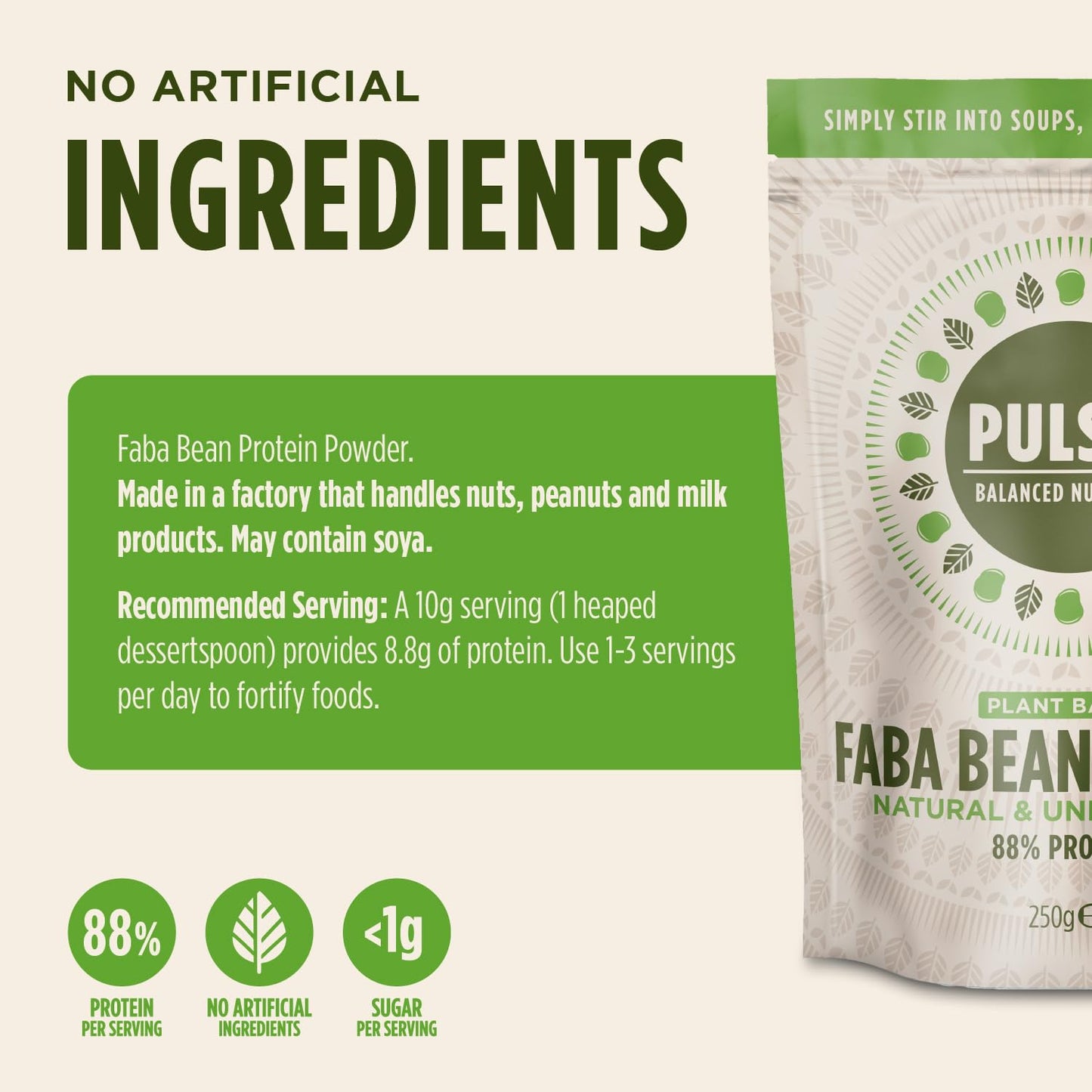 Pulsin - Natural Unflavoured Vegan Faba Bean Protein Powder - 250g - 8.8g Protein, 0.2g Carbs, 42 Kcal Per Serving - Gluten Free, Plant Based, Palm Oil Free & Dairy Free Protein