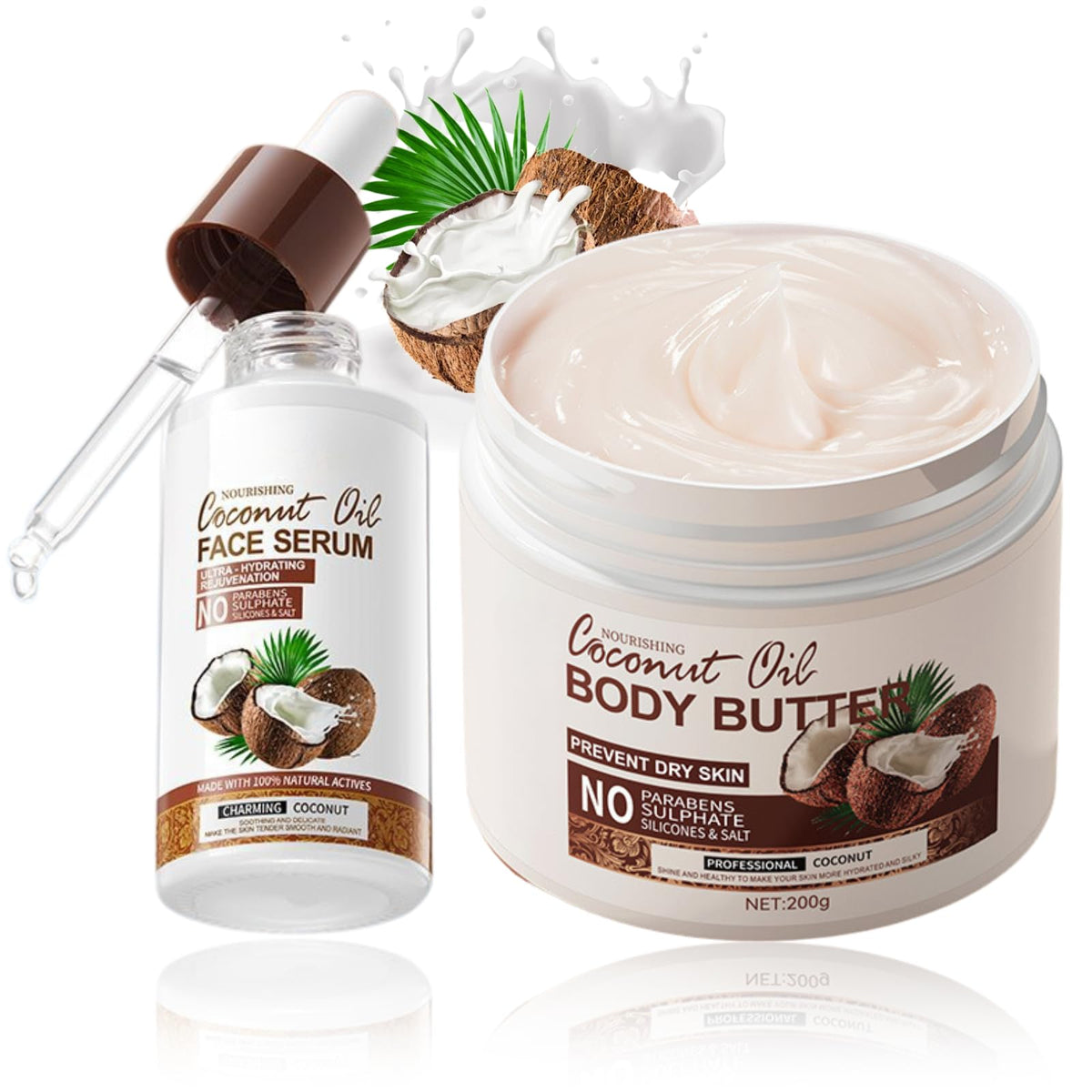 Tongyend Coconut Body Butter & Face Serum Duo | Coconut Moisturiser, 200g Hard Water Shield Body Cream + Face Serum for Dry Skin, Natural Moisturiser Set for Silky Hydration & Nourishing Care