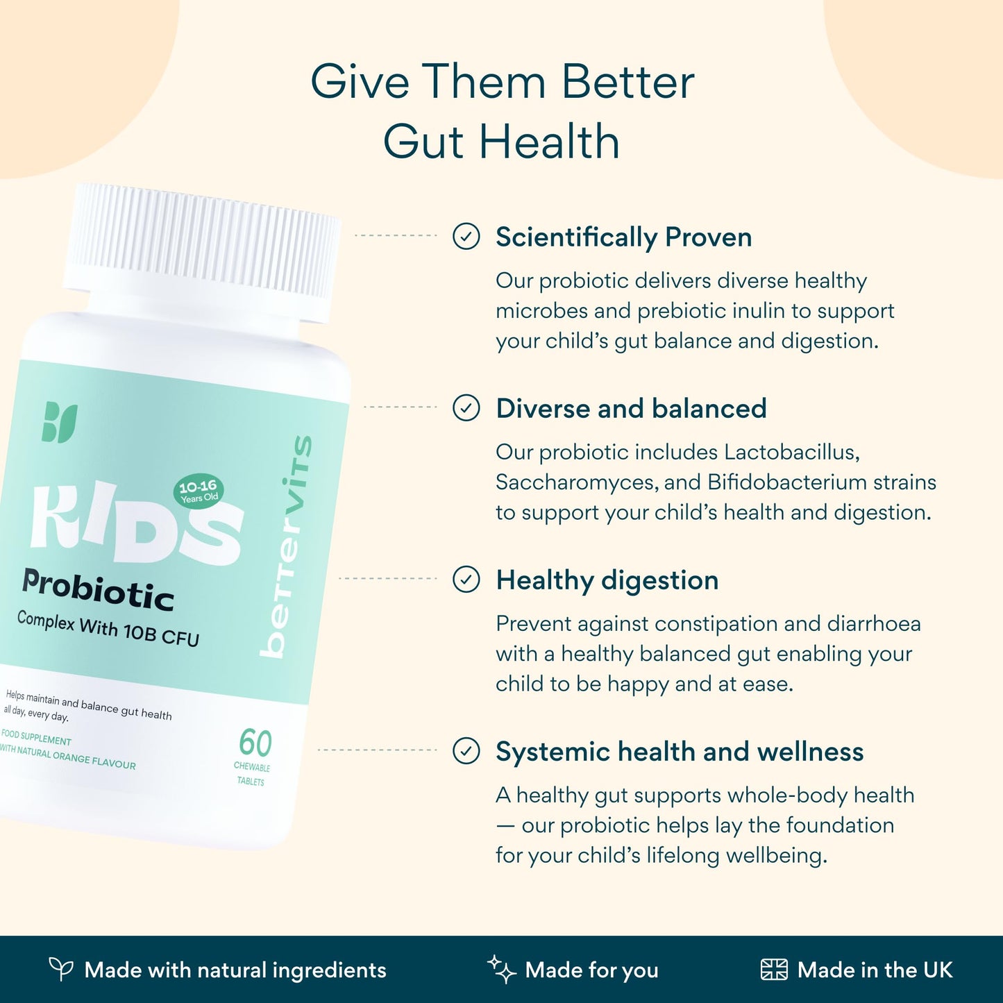 Bettervits Kids Probiotic Complex – 10 Billion CFU | Probiotics for Children 10-16 years old - Gut Health and Immunity Support | Maintains Healthy Digestion | 60 Chewable Orange-Flavored Tablets.