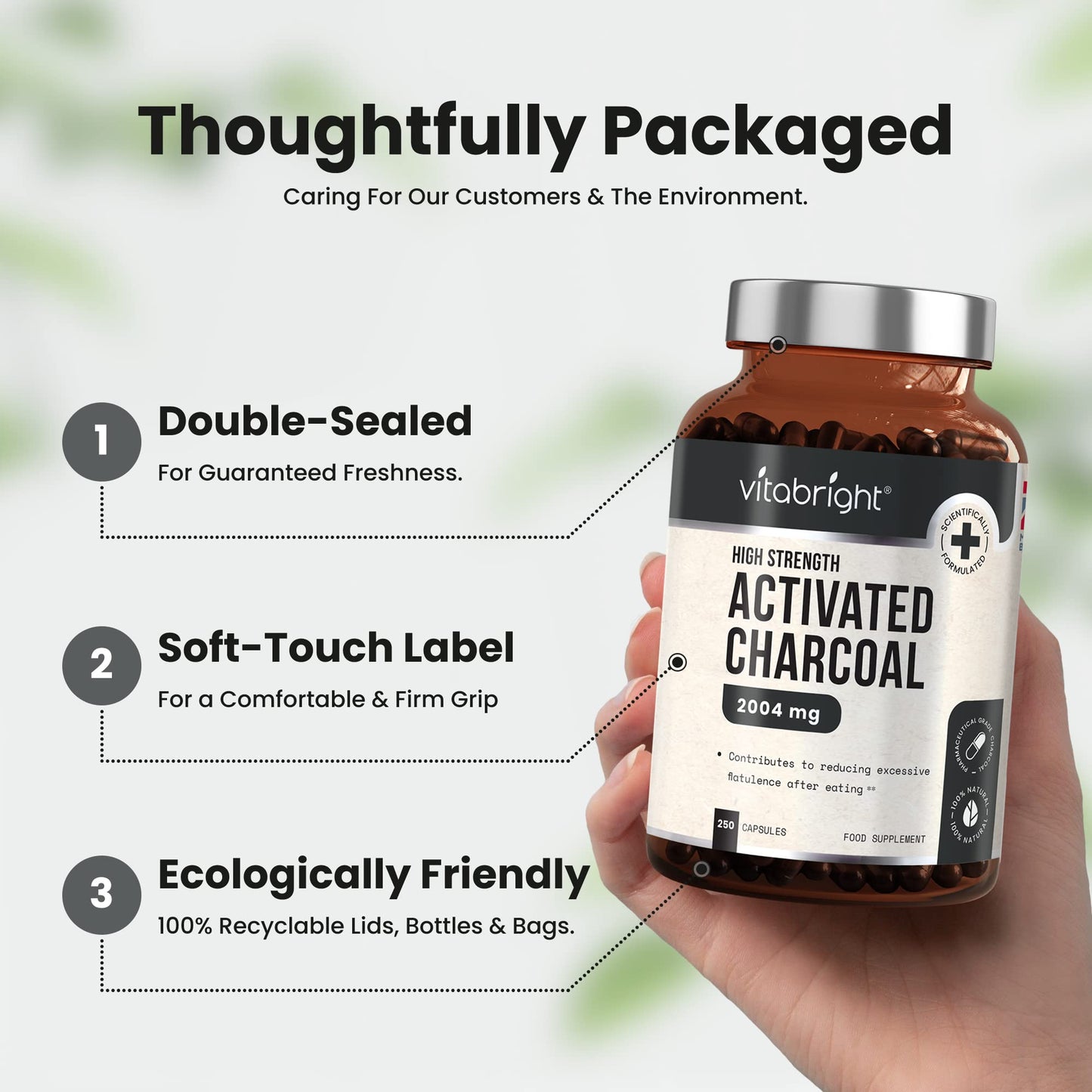 Activated Charcoal Capsules - 250 Capsules - 2004mg per Serving of 6 Capsules - from Natural Coconut Shell - for Indigestion, Bloating, Excessive Flatulence, Gas - Vegan - Made in UK by VitaBright