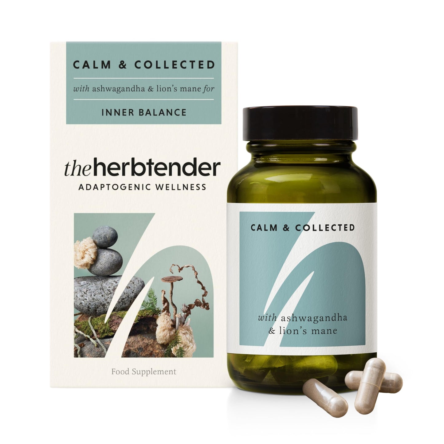 THE HERBTENDER, Calm & Collected - Vegan Adaptogen Supplements with Ashwagandha & Lion's Mane to Relax. (14 Capsule Refill Pouch)