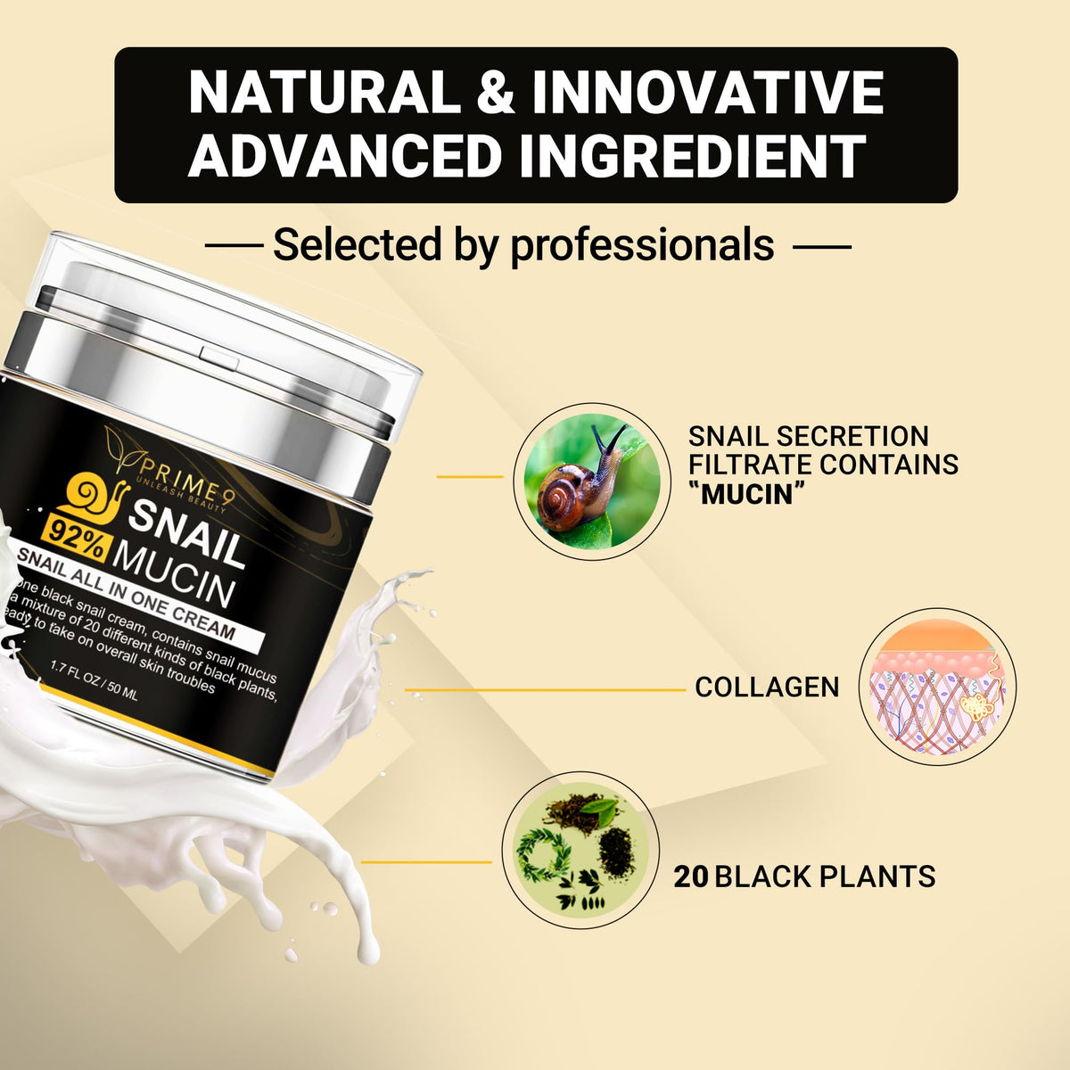 PRIME9 Prime9 Snail Mucin Cream 92% – Korean All-in-One Moisturiser for Deep Hydration, Smooth Skin, Anti-Aging & Blemish Care, Face Cream for Sensitive Skin
