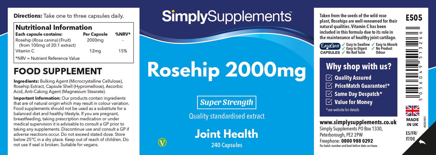 Simply Supplements Rosehip Capsules 2000mg | 240 Rosehip Extract Capsules = Up to 8 Month Supply | With Added Vitamin C to Support Joint Cartilage & Immune Function | Vegan & Vegetarian Friendly | Manufactured in the UK