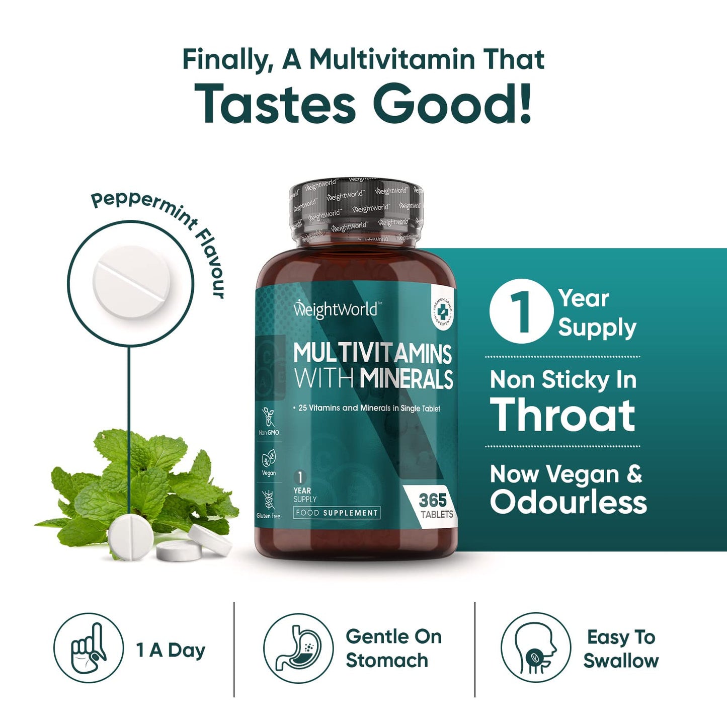 Vegan Multivitamin Tablets for Men & Women with 25 Active Multivitamins & Minerals Like Iron, Zinc & Vitamin D - Peppermint Flavour Micro Tablets - 1 Year Supply -Multivitamins Nutritional Supplement