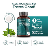 Vegan Multivitamin Tablets for Men & Women with 25 Active Multivitamins & Minerals Like Iron, Zinc & Vitamin D - Peppermint Flavour Micro Tablets - 1 Year Supply -Multivitamins Nutritional Supplement