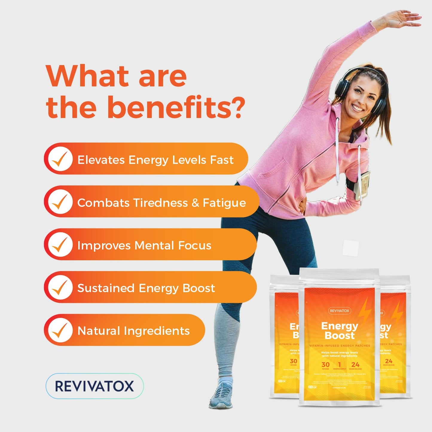 REVIVATOX Advanced Energy Boost Patch for Tiredness, Fatigue, Alertness, Mental Focus | Caffeine, Taurine, Green Tea, Vitamin B3, B5, B6, B12 and More | 30 Pack