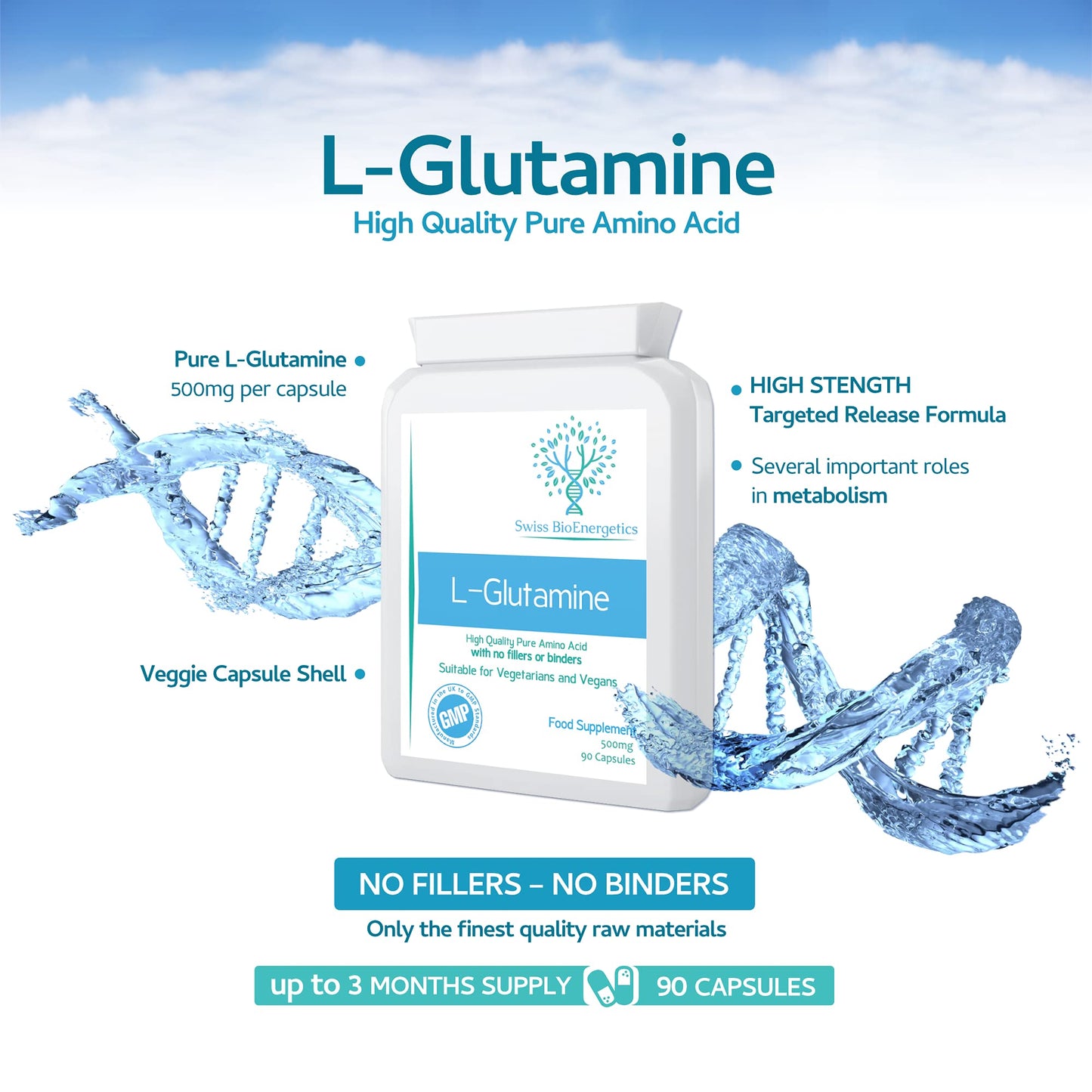 swiss bioenergetics L-Glutamine 500mg 90 Capsules - Pure Amino Acid with no fillers or Binders - Suitable for Vegetarians and Vegans – Exclusively Manufactured in The UK