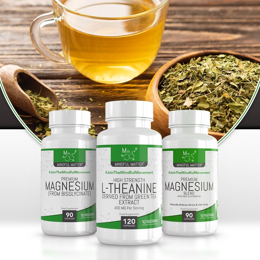 Mindful Matter MM L Theanine | 120 L-Theanine Capsules from Green Tea - High Strength 1000mg Green Tea Extract Providing 400mg L'theanine per Serving | L Theanine Supplement | Non-GMO Gluten Free | Made in UK