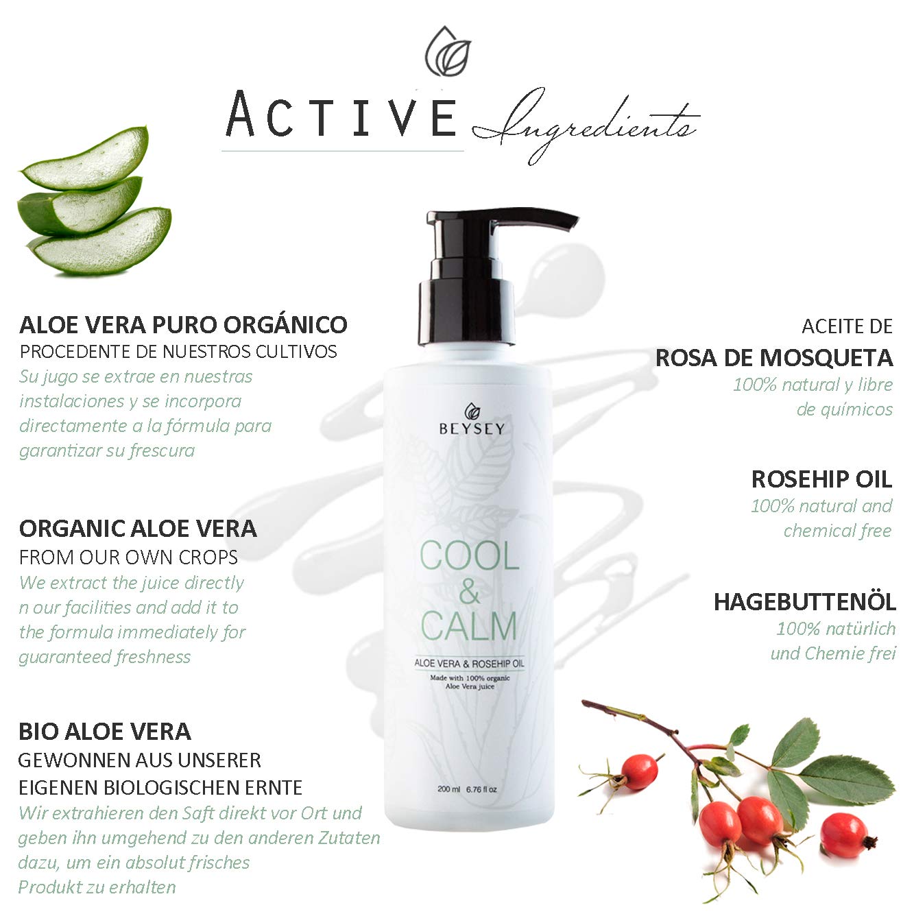 Beysey living natural Organic Aloe Vera Gel with Rosehip Oil - Daily Moisturising Body Lotion/After Sun/Post Depilatory Cream - Beysey COOL&CALM 200ml