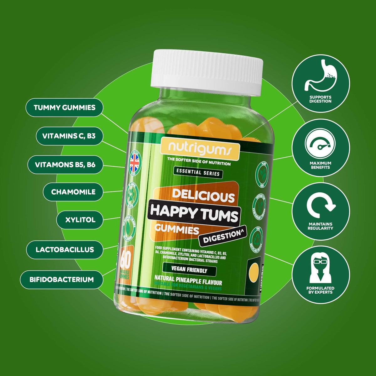 Nutrigums Happy Tums Probiotic Complex Gummy | 1.125 Billion CFU Triple Strain Probiotics, Vitamin C, B3, B5, B6 & Chamomile 1000mg | Pineapple Flavour | 60 Vegan Gummies | Gut & Digestive Health by NUTRIGUMS®