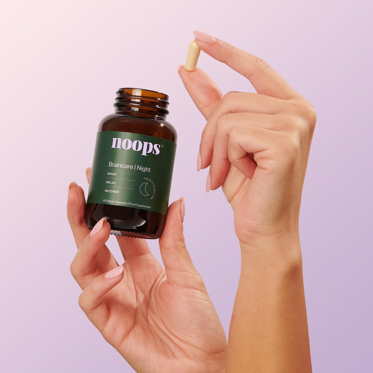 Noops Nootropics Brain Care Night for Mood, Calm & Relaxation with Ashwagandha KSM-66, L-Theanine, Montmorency Cherry, Magnesium, Lemon Balm & Lavender Supplement Complex, 60 Capsules