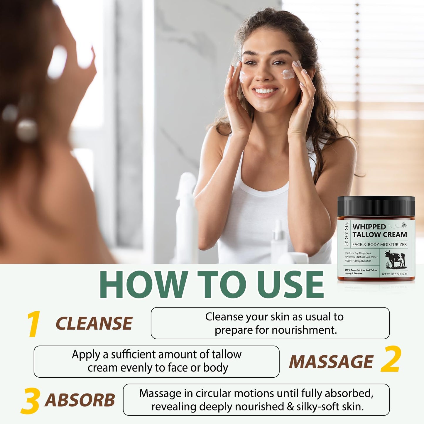 XAYGHE Beef Tallow Honey Balm - Organic Grass Fed Tallow Face Cream - Deeply Nourishing & Moisturizing Beef Tallow Skin Care for for Dry Skin, 120g